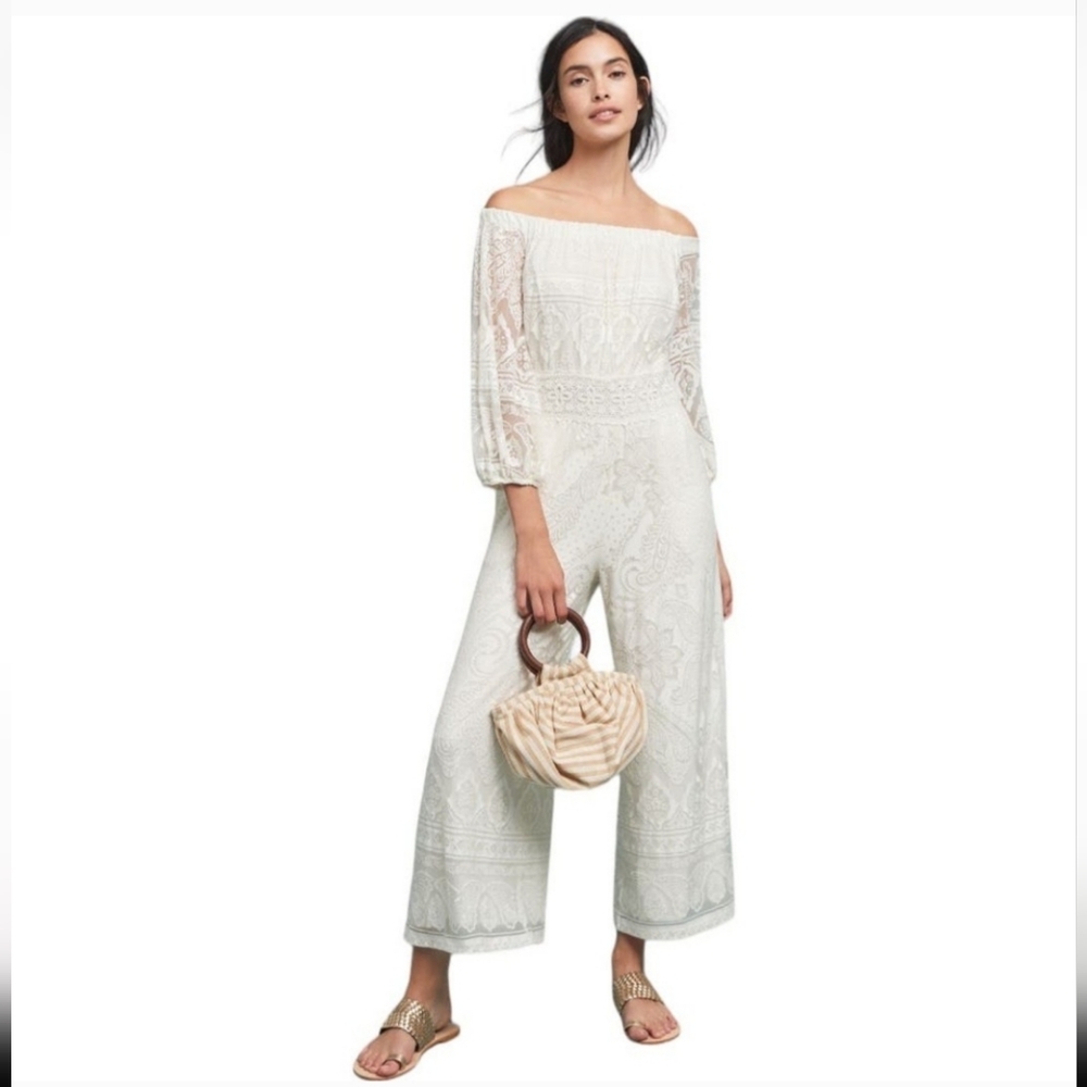 Anthropologie Farm Rio Elliot Off The Shoulder Jumpsuit S White Lace Boho Bride